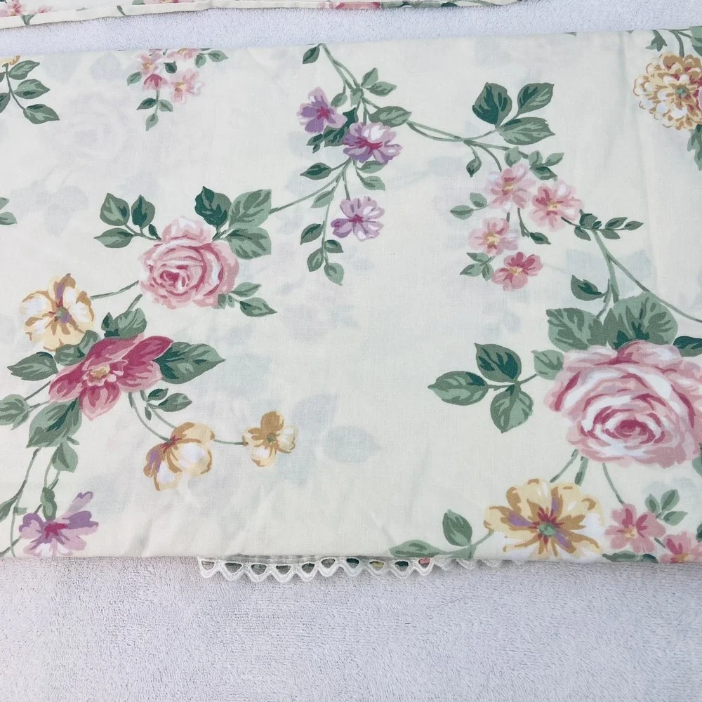 Vintage Rose Floral Ruffle Top Flat Sheet 1 Pillow Case Full Size GrannyCore